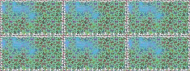 Giysi tasarımı için yeşil, mavi ve gri arka plan üzerine dekorasyon. Raster illüstrasyonu. Renkli kelebeklerin kusursuz arka planı.