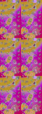 Çok renkli, zarif küçük çiçekler ve sarı renkli komik böcekler, raster desen, illüstrasyon..