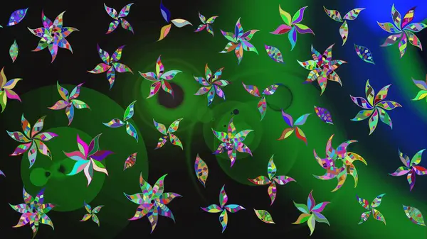 Yeşil renkli bitkilerden oluşan parlak çiçekli çizim deseni.