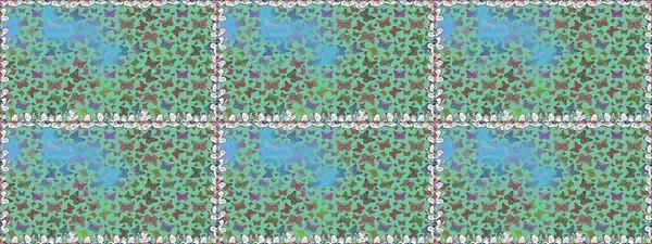 Giysi tasarımı için yeşil, mavi ve gri arka plan üzerine dekorasyon. Raster illüstrasyonu. Renkli kelebeklerin kusursuz arka planı.