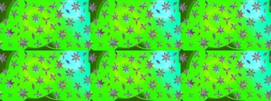 Patlayan çiçekler soyut olarak yerleştirilmiş. Yumuşak, yeşil renkli bahar çiçekleri. Raster deseni. Raster illüstrasyonu.