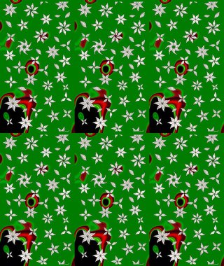 Çocuksu tasarım. Elle çizilmiş çiçek desenli Raster çizimi. Yeşil arka planda. Tekstil, kumaş, ambalaj, hatıra defteri için güzel çiçek arkaplanı..