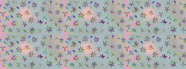 Raster illüstrasyonu. Düz Çiçek Elementleri Tasarımı. Renkli Bahar Teması eskiz kalıbı. Zarif çiçekler, gri renkte suluboya..