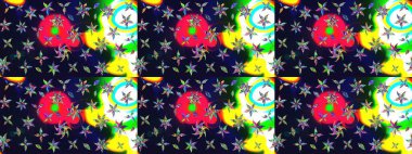 Süslü kumaş deseni. Raster illüstrasyonundaki çiçek desenli çizim. Renkli Bahar Teması eskiz kalıbı. Düz Çiçek Elementleri Tasarımı.