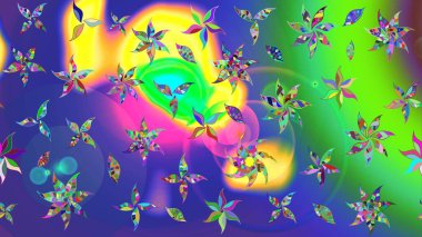 Çok yeşil zarif küçük çiçekler ve yeşil renkli komik böcekler, raster desen, illüstrasyon.