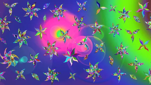 Parlak renkli fantezi çiçekleri, yapraklar, mavi renkli tomurcuklar. Suluboya el çizimi elementli çiçek çizimi deseni.