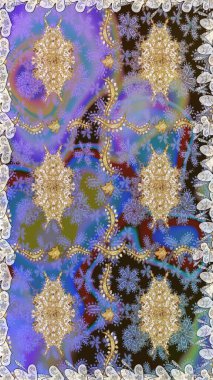 Mor renklerde altın element. Damask kusursuz yinelenen arkaplan. Doku arka planında altın duvar kâğıdı. Barok tarzında altın çiçekli süs..