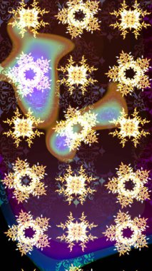 Kar tanelerinin soyut arkaplanlı Noel şablonu. Noel ve yeni yıl moda baskıları için tatil tasarımı. Kahverengi, mor ve nötr renkler. Raster illüstrasyonu.