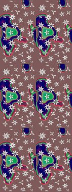 Renkli desenli eskiz deseni, kahverengi çiçekler ve dekoratif elementlerle. Eskiz geçmişi. Raster illüstrasyonu. Kumaş, tekstil, duvar kağıdı baskısı için. Antika retro tarzı.