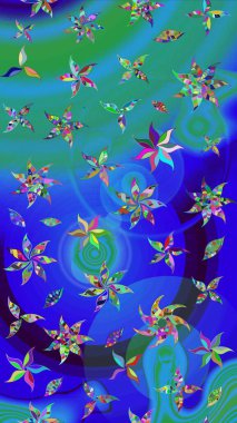 Çiçekli ipek eşarp. El çizimi çiçek unsurları olan soyut çizim raster deseni. 1950-1960 motifleri. Retro tekstil tasarım koleksiyonu. Mavi maviye.