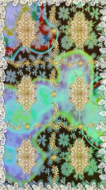 Raster illüstrasyonu. Kusursuz altın desenli bukleler. Doğu tarzı arabesk. Altın elementli nötr renkler. Raster altın desen.