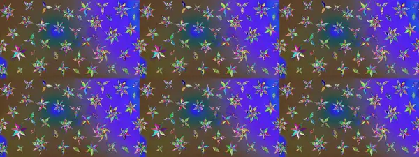 Raster deseni. Raster illüstrasyonu. Patlayan çiçekler soyut olarak yerleştirilmiş. Yumuşak, bahar çiçekleri menekşe renklerinde.