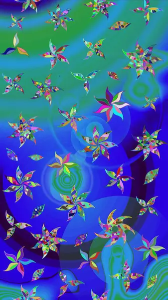 Çiçekli ipek eşarp. El çizimi çiçek unsurları olan soyut çizim raster deseni. 1950-1960 motifleri. Retro tekstil tasarım koleksiyonu. Mavi maviye.