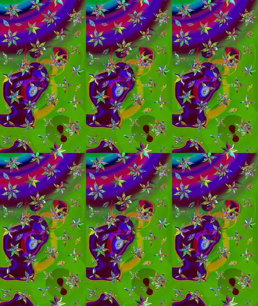 Yaprak ve çiçeklerin suluboya resimleri, yeşil renkte çizimler. Raster illüstrasyonu. Yumuşak, yeşil renkte bahar çiçekleri.