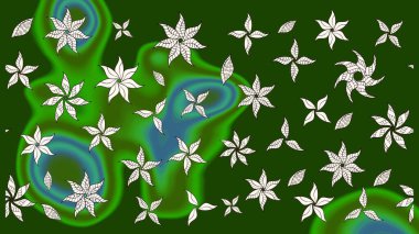 Çiçekli ipek eşarp. El çizimi çiçek unsurları olan soyut çizim raster deseni. 1950-1960 motifleri. Retro tekstil tasarım koleksiyonu. Yeşil yeşile.