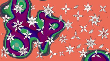 Ağaç dallı bahar çiçekleri ile desen, turuncu renklerde çiçek silueti. Raster deseni.