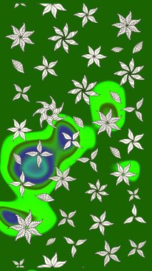 Raster çiçek desenli çiçek deseni, yapraklar, dekoratif elementler, sıçrama, lekeler, el çizimi kontur çizgileri ve Doodle çizim stili, grafik raster çizim çizimi.