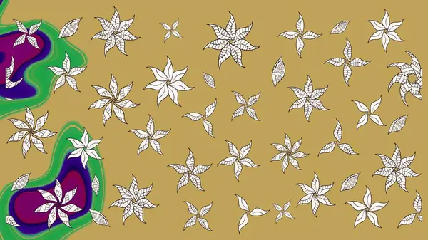 Çiçekli ipek eşarp. El çizimi çiçek unsurları olan soyut çizim raster deseni. 1950-1960 motifleri. Retro tekstil tasarım koleksiyonu. Sarı üstüne sarı.