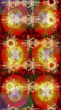 Düşen Noel stili kar taneleri. İllüzyon. Güzel, kahverengi, kırmızı ve sarı kar taneleri renkli bir arka planda izole edilmiş. Kar taneleri, kar yağışı.