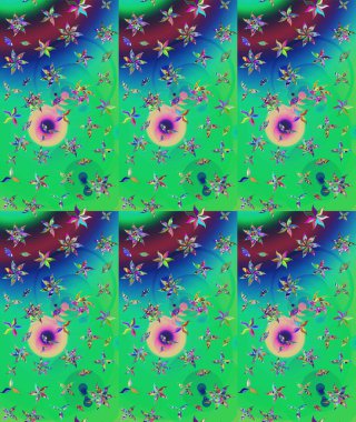 Çok yeşil zarif küçük çiçekler ve yeşil renkli komik böcekler, raster desen, illüstrasyon.