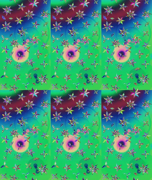 Çok yeşil zarif küçük çiçekler ve yeşil renkli komik böcekler, raster desen, illüstrasyon.