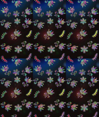 Noel ve yeni yıl moda baskıları için tatil tasarımı. Raster illüstrasyonu. Gri, siyah ve mavi kar taneleri. Kar tanelerinin soyut arkaplanlı Noel deseni.