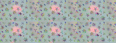 Raster Çiçek İllüstrasyonu güzel tekstil. Gri renkli etnik çiçeklerle zarif eskiz deseni.