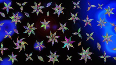 Raster illüstrasyonu. Düz Çiçek Elementleri Tasarımı. Renkli Bahar Teması eskiz kalıbı. Siyah renkte zarif çiçekler ve suluboya..