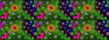 Yeşil renkli çiçekler. Hediye ambalaj kağıdı, tebrik kartları, posterler ve pankart tasarımı. Raster düz çiçek çizim deseni.