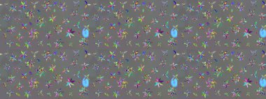 Raster illüstrasyonu. Raster deseni. Patlayan çiçekler soyut olarak yerleştirilmiş. Gri renkte bahar çiçekleri..