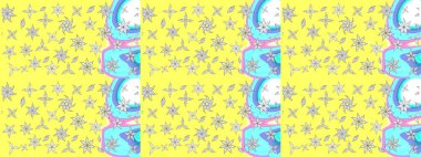 Sarı renkli şirin çiçek desenleri. Raster Modaya uygun kumaş deseni. Renkli Bahar Teması eskiz kalıbı. Düz Çiçek Elementleri Tasarımı.