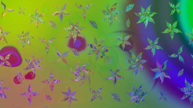 Kumaş, tekstil, duvar kağıdı baskısı için. Eski usul. Renkli desenli eskiz deseni, yeşil çiçekler ve dekoratif elementlerle. Eskiz geçmişi. Raster illüstrasyonu.