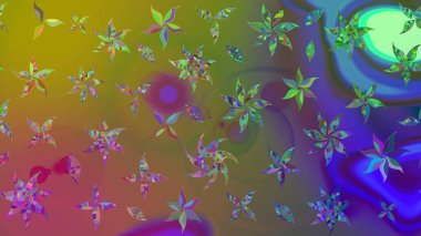 Raster illüstrasyonu. Raster deseni. Yumuşak, yeşil renkli bahar çiçekleri. Patlayan çiçekler soyut yerleştirilmiş.