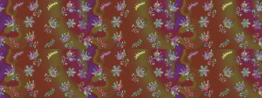 Kahverengi, mor ve yeşil renklerde etnik çiçeklerle kusursuz bir desen. Raster Çiçek İllüstrasyon Şirin Tekstil.