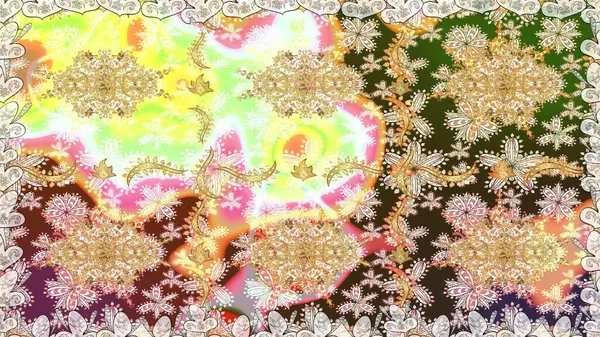 Barok tarzında altın çiçekli süs. Doku arka planında altın duvar kâğıdı. Damask kusursuz yinelenen arkaplan. Tarafsız renklerde altın element.