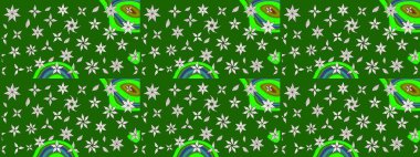 Suluboya elle çizilmiş çiçek desenli eskiz deseni. Parlak renkli fantezi çiçekleri, yapraklar, yeşil renkli tomurcuklar.