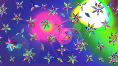 Düz Çiçek Elementleri Tasarımı. Mavi renkli çiçekler. Renkli Bahar Teması eskiz kalıbı. Sevimli çiçek raster deseni.