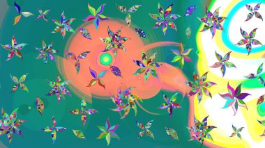 Eskiz arkaplan modeli. Yapraklı çiçekler ve mavi renkli papatya çiçekleri. Raster - stok.