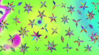 Çok yeşil zarif küçük çiçekler ve yeşil renkli komik böcekler, raster desen, illüstrasyon.