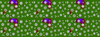 Yeşil renkli bitkilerden oluşan parlak çiçekli çizim deseni.