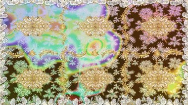 Kına dövmeli süs çiçekleri, altın çıkartmalar, mehndi ve yoga tasarımı, kartlar ve parmak izleri. Tarafsız renklerde desen. Raster altın mehndi kusursuz desen.