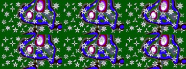 Raster illüstrasyonu. Çiçek buketleriyle klasik bir eskiz şekli. Yeşil renklerde.