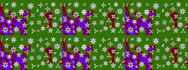 Yeşil renkli bitkilerden oluşan parlak çiçekli çizim deseni.