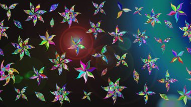 Raster - stok. Yapraklı çiçekler ve kır renkli papatya çiçekleri. Taslak arkaplan deseni.