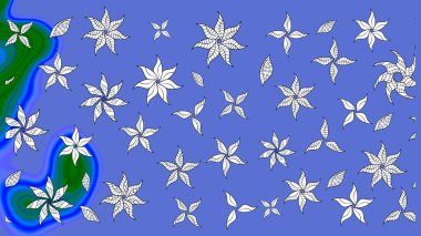 Çiçek desenli çizim. Renkli Bahar Teması eskiz kalıbı. Düz Çiçek Elementleri Tasarımı. Asya tekstil tarzında. Raster illüstrasyonu. Mavi renkte çiçekler.