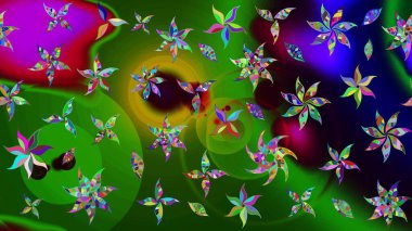 Çok yeşil zarif küçük çiçekler ve yeşil renkli komik böcekler, raster desen, illüstrasyon.