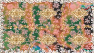 Kusursuz kraliyet lüksü, altın barok kumaş rengi. Altın antika ortaçağ dekoratifi, yaprakları ve bej rengi altın desenli süslemeleri olan pürüzsüz bir desen..