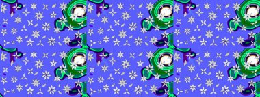 Raster düz çiçek çizim deseni. Hediye ambalaj kağıdı, tebrik kartları, posterler ve pankart tasarımı. Mavi renkte çiçekler.