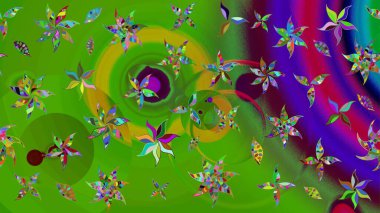 Raster illüstrasyonu. Yumuşak, yeşil renkli bahar çiçekleri. Yaprak ve çiçeklerin suluboya resmi, yeşil renkte çizim deseni.