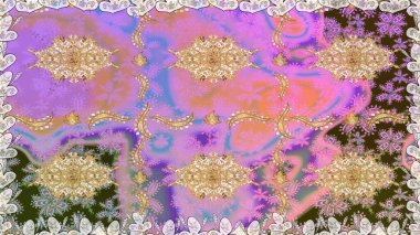 Raster altın tekstil baskısı. Altın elementlerle nötr renklerde altın desen. Çiçek kiremitleri. İslam tasarımı. Kusursuz desenli oryantal süs.